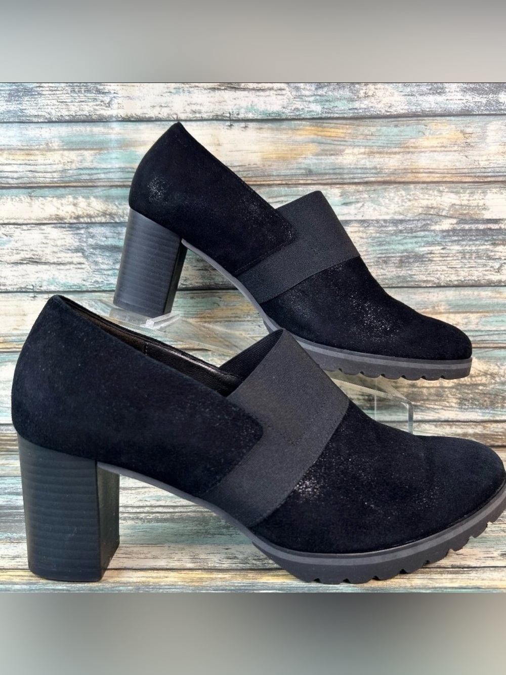Gabor Ankle Bootie Womens 8.5 Black Leather Slip On Block Heel Stretch Dress